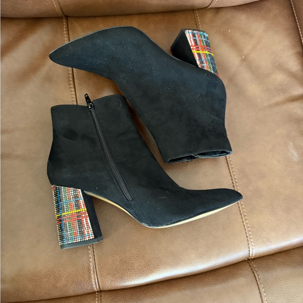 Betsey Johnson | Black Suede Boots with Multi Color Heel - Picture 3 of 11